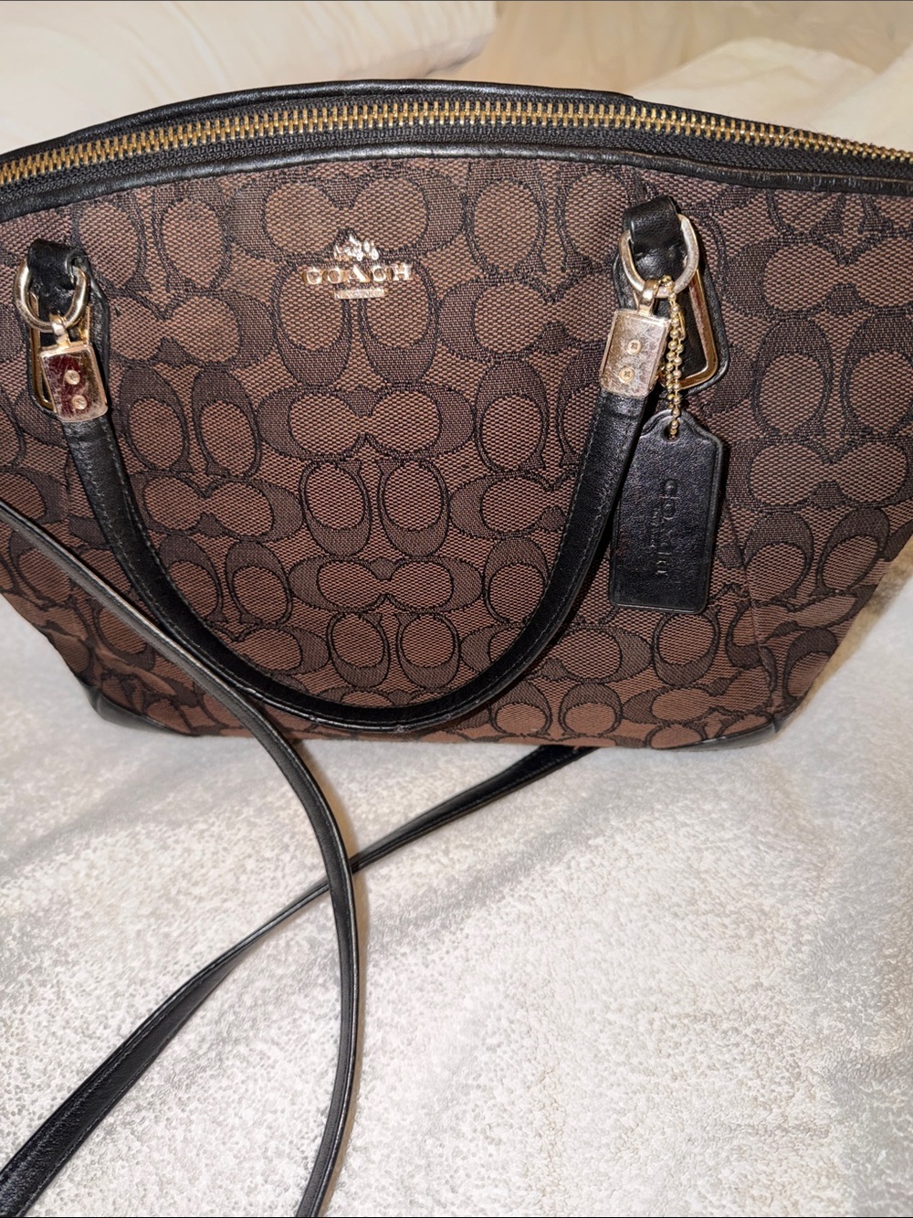 Coach Brown Signature Shoulder Bag with Black Trim